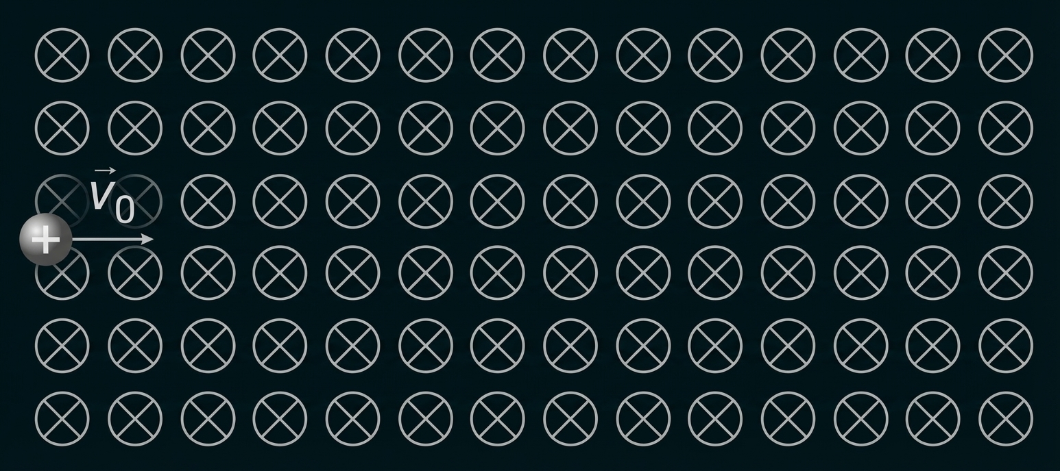 Positives Teilchen mit Pfeil nach rechts vor Raster aus Kreisen mit Kreuzen (Magnetfeld ins Blatt)